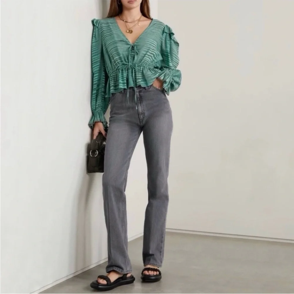 Ulla Johnson Ophelia Cotton Voile Peplum Blouse Teal/ Green Stripe sz 6
